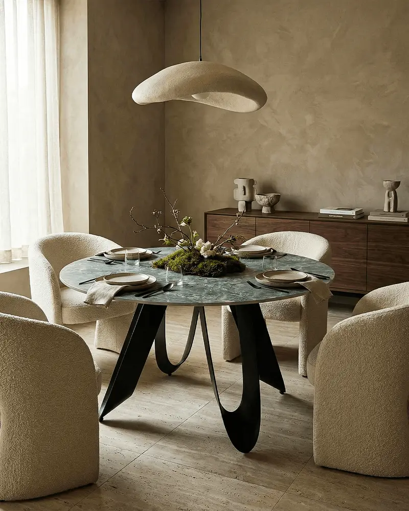 Tavolo Leila – Tavolo rotondo da pranzo e soggiorno design moderno – Piano in pietra sinterizzata verde – Struttura in metallo – Ø135 x H 75,5 cm
