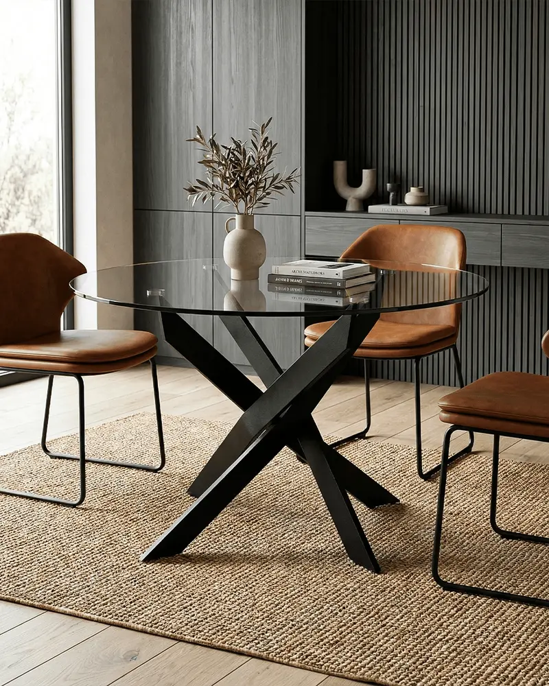 Tavolo Ruff - Tavolo rotondo per soggiorno e sala da pranzo - Design minimal moderno - Ø120 x H. 76 cm- Trasparente con gambe in metallo nero