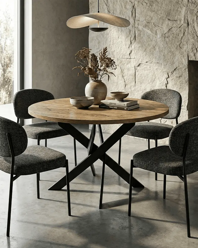 Tavolo Thir - Tavolo rotondo per soggiorno e sala da pranzo - Design minimal moderno - Ø120 x H. 77 cm- Rovere chiaro, nero
