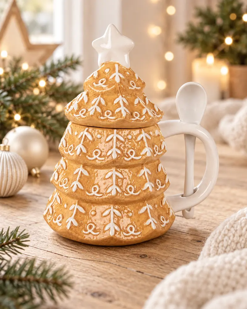 Tazza con coperchio e cucchiaino Albero di Natale 350 ml h 18x16x12 cm *con difetto*
