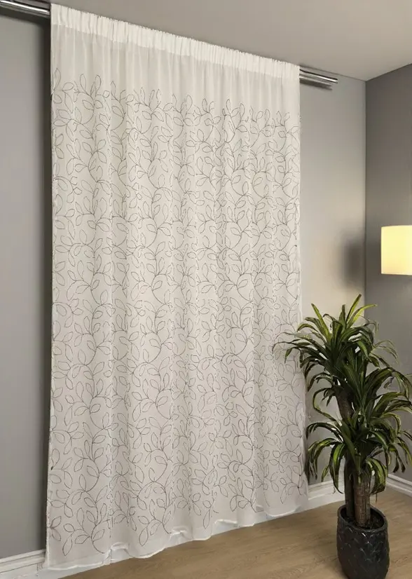 Tende su misura con fettuccia arricciatenda- Tessuto bianco con ricamo grigio , adatta per binari da 140/170 cm, altezza da 180 a 285 cm -art.Ricamo di foglia