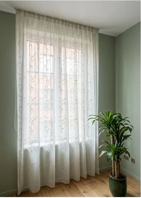 Tende su Misura con Fettuccia Arricciatenda - Tessuto effetto lino Bianco Ricamato con foglia bianca e beige , Adatta per Binari da 100/130 cm, Altezza da 180 a 290 cm - art .Eleonora-