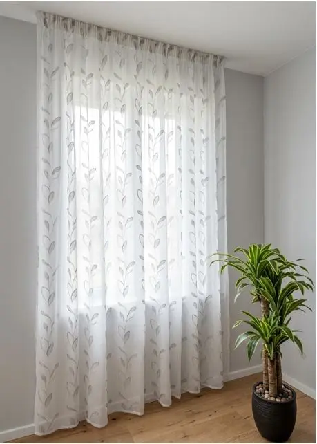 Tende su Misura con Fettuccia Arricciatenda - Tessuto effetto lino Bianco Ricamato con foglia bianca e grigio , Adatta per Binari da 140/170 cm, Altezza da 180 a 290 cm - art .Eleonora-
