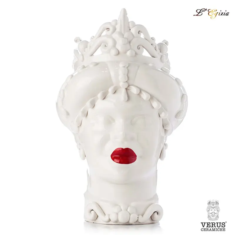 Testa di moro donna con corona a punta bianco satinato e labbra rosse Verus Ceramiche ｜L'Egizia regali