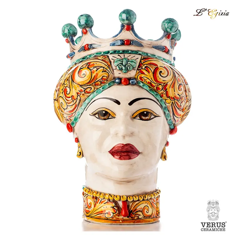 Testa di moro donna con corona a sfere verdi e drappo multicolor volto bianco antico lucido Verus Ceramiche｜L'Egizia regali