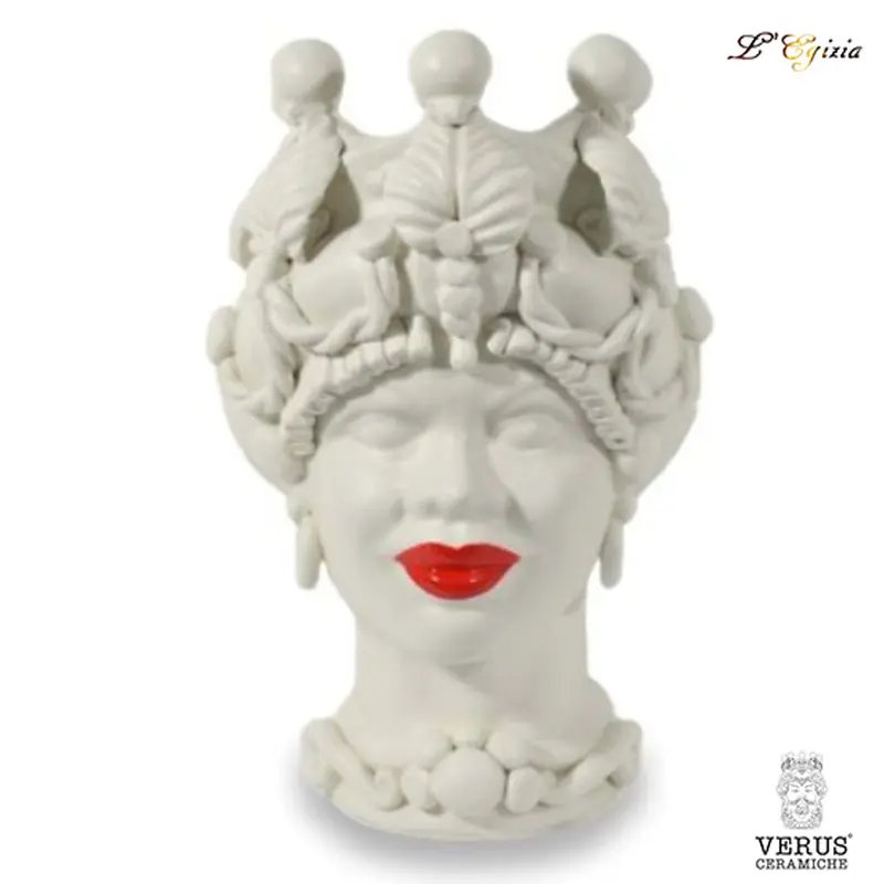 Testa di moro grande donna bianco satinato con labbra rosse e corona con foglie e palle Verus ceramiche|L'Egizia regali