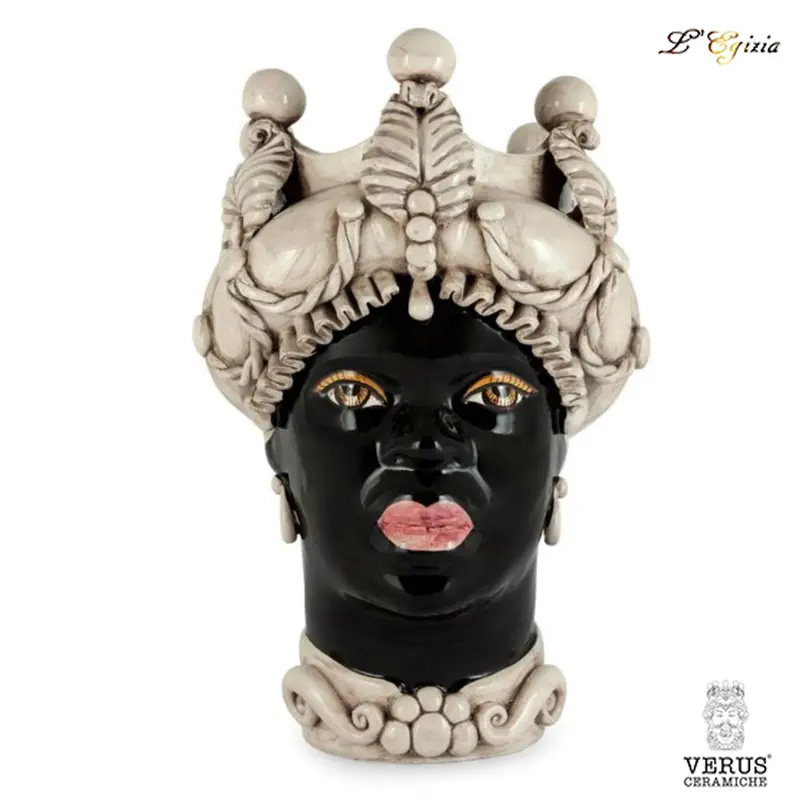 Testa di moro grande donna con foglie e sfere bianco antico e volto nero lucido Verus ceramiche｜L'Egizia regali