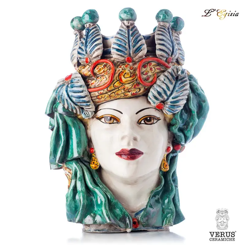 Testa di moro grande donna Elegance con drappo multicolor e volto bianco antico Verus Ceramiche｜L'Egizia regali