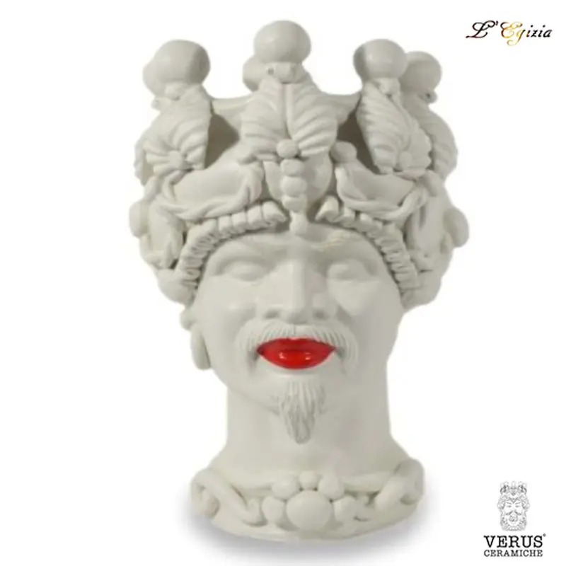 Testa di moro grande uomo bianco satinato con labbra rosse e corona con foglie e palle Verus ceramiche|L'Egizia regali
