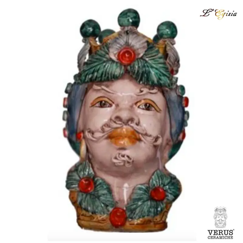 Testa di moro media multicolor volto bianco antico lucido con baffi Verus Ceramiche｜L'Egizia regali