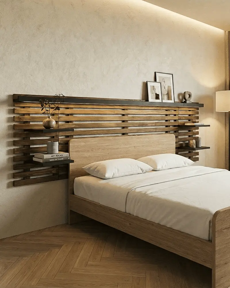 Testiera Drani - Testiera letto matrimoniale con mensole - Design moderno - Letto escluso - 240 x 62 x 23,5 cm - Color quercia/antracite