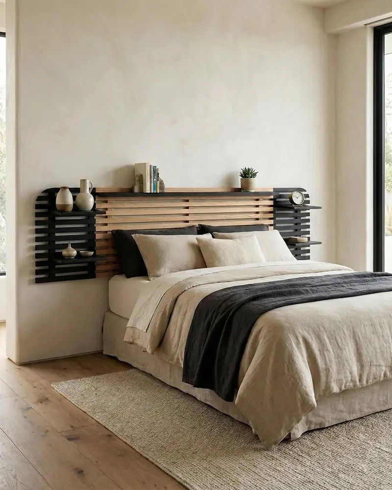 Testiera Massi - Testiera letto matrimoniale con mensole - Design moderno - Letto escluso - 240 x 62 x 23,5 cm - Color legno chiaro/Nero