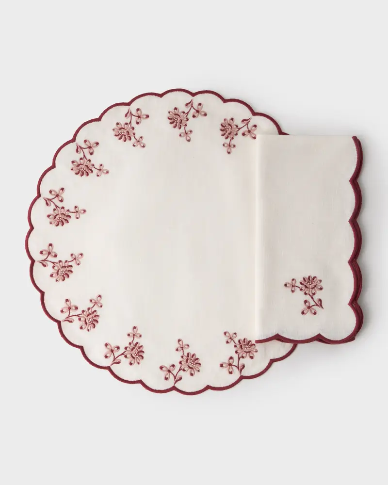 The Botanica Embroidered Bordeaux Placemat and Napkin Set