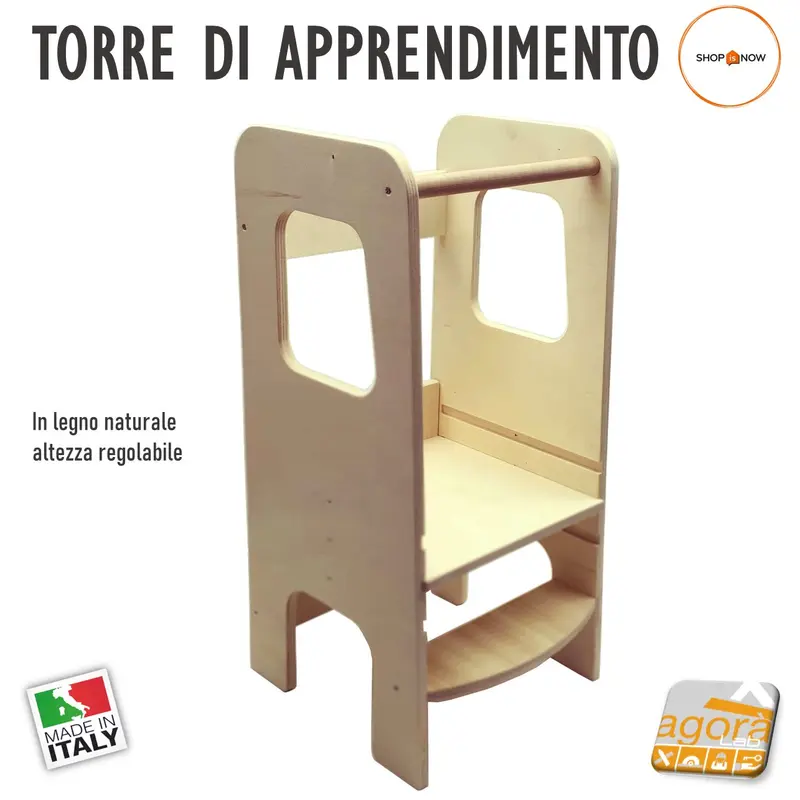 TORRE DI APPRENDIMENTO SGABELLO ALTEZZA REGOLABILE IN LEGNO NATURALE PANCHETTA