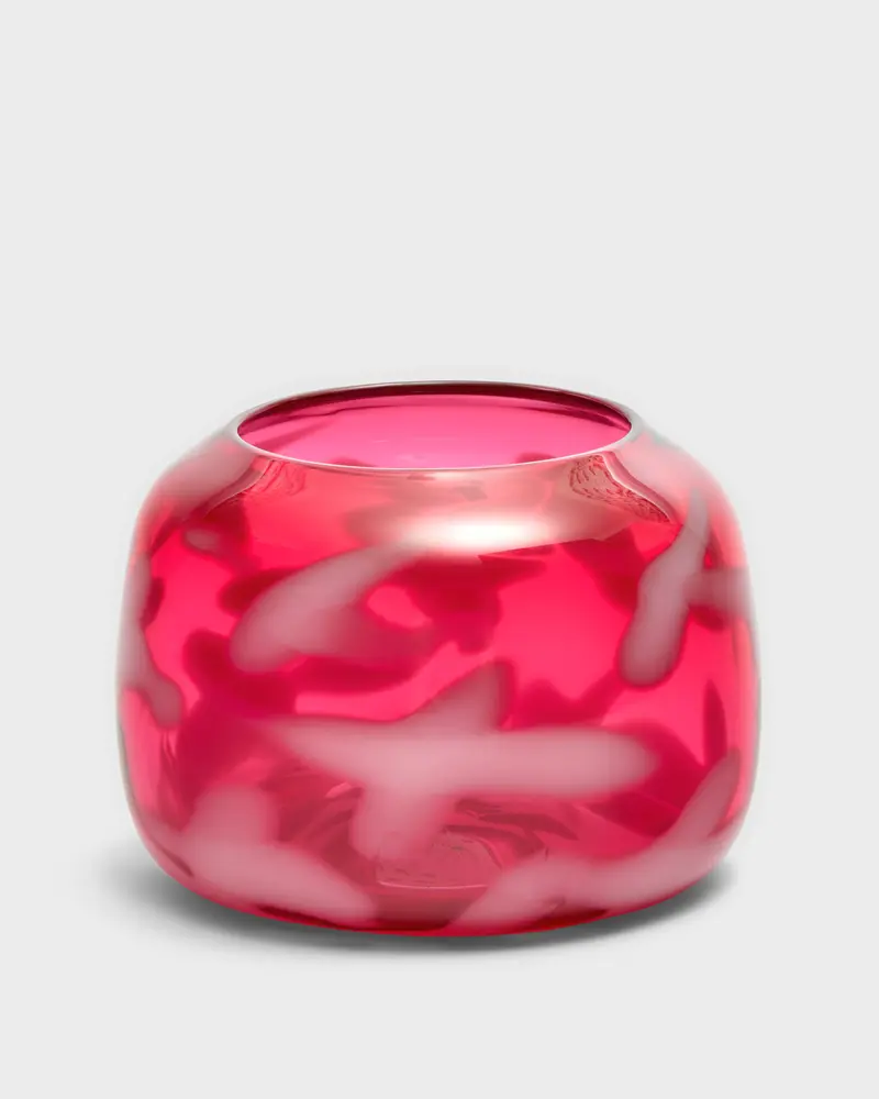 Transparent Fuchsia Low Vase with White Strokes