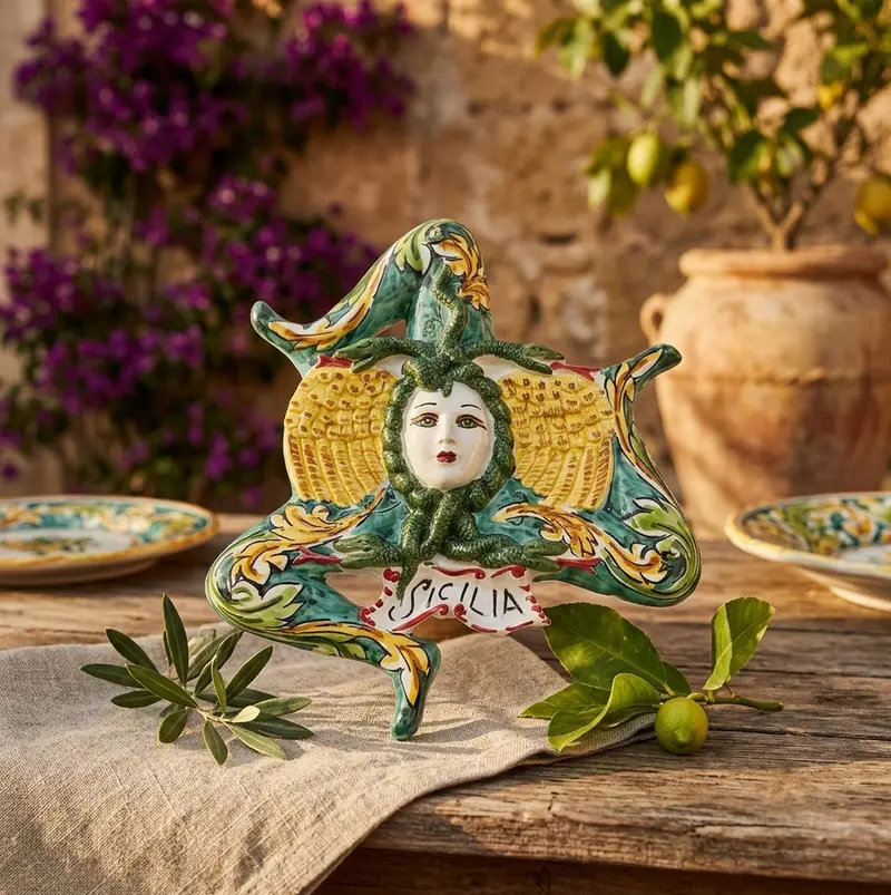 Trinacria siciliana in ceramica di Caltagirone realizzata e decorata a mano verde D 28 cm