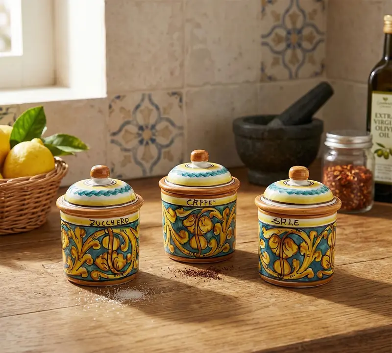Tris 3 barattoli sale zucchero e caffè in ceramica decorata a mano da ceramisti siciliani gianluca art 8