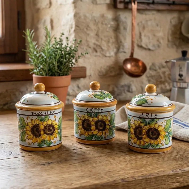 Tris 3 barattoli sale zucchero e caffè in ceramica decorata a mano da ceramisti siciliani girasole art 8