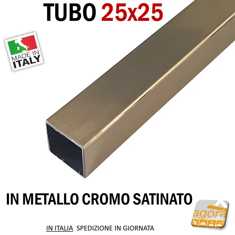 TUBO METALLO CROMO SATINATO 25X25 CM.2,5X2,5 TAGLIATO A MISURA PREZZO AL ML