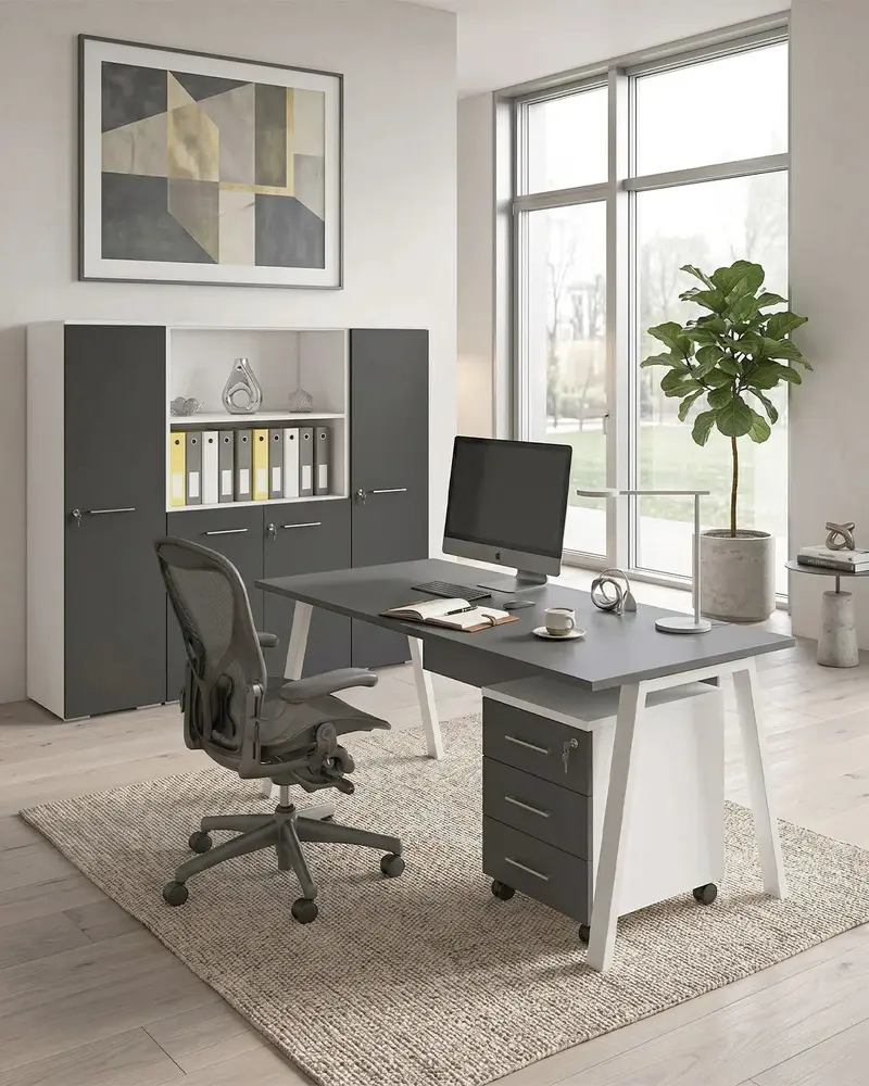 Ufficio Completo WORKLINE - Ufficio con Scrivania, Cassettiera e Mobile Contenitore – Antracite/Oliva – Set Arredo Ufficio Design Minimal