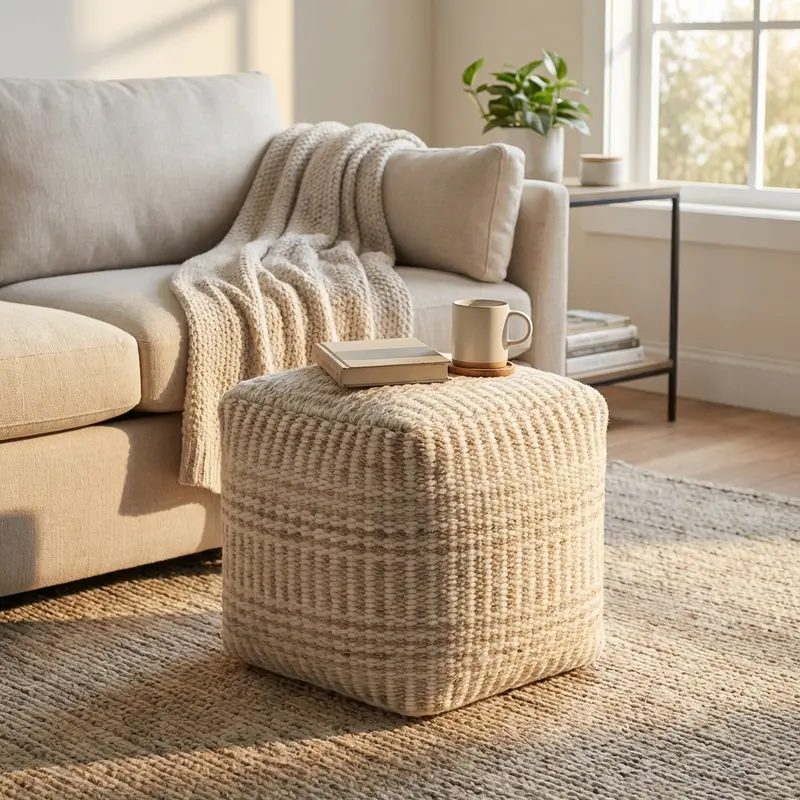 Uva - pouf in lana e cotone bianco e ecrù 40x40