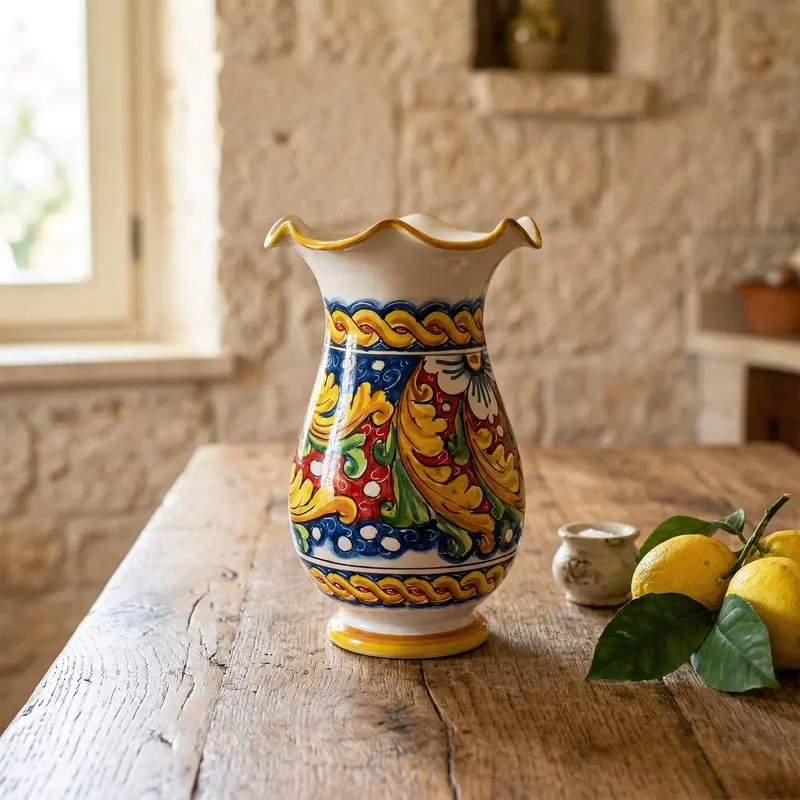 Vaso grande lavorato in ceramica decorata a mano da ceramisti siciliani fiore rosso art 16