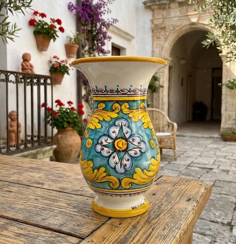 Vaso lavorato in ceramica decorata a mano da ceramisti siciliani gomes art 16