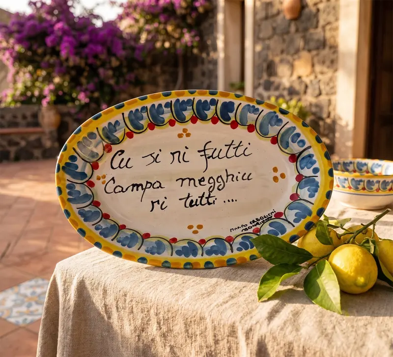 Vassoio proverbio siciliano in ceramica di Caltagirone decorato a mano art 7