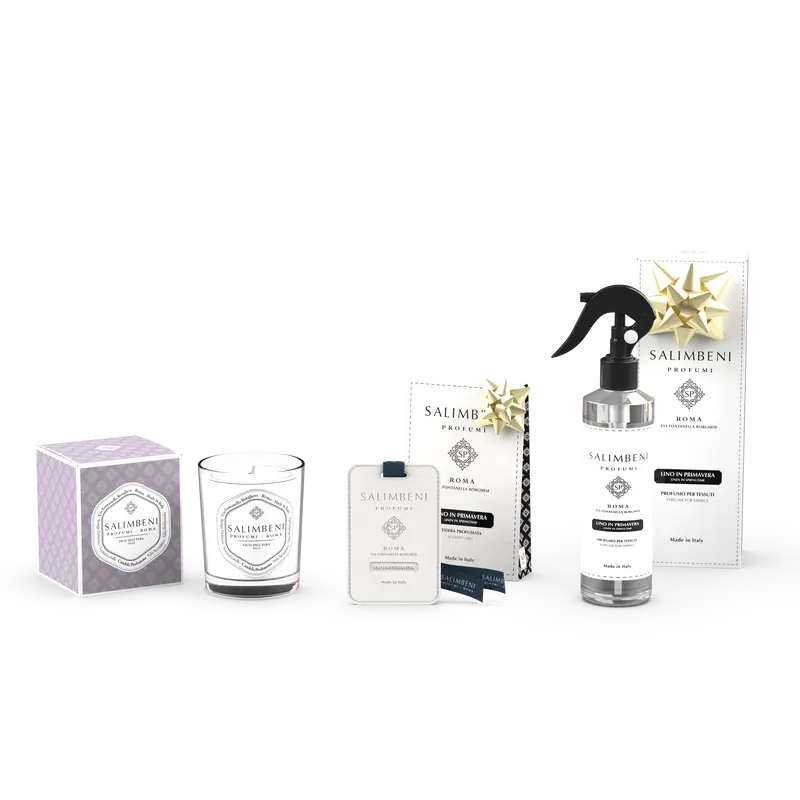 Vela Perfumada e Figueira de Elba 190gr + Spray para Tecidos de Linho em Primavera + Cartões Perfumados para o Guarda-Roupa de Linho em Primavera (3pcs) em OFERTA