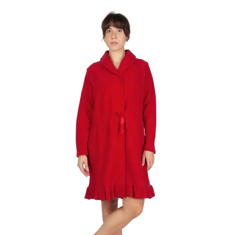Vestaglia donna abbottonata in pile a tinta unita con coulisse