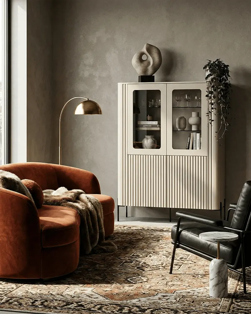 Vetrina Curva - Set Rota - Mobile alto vetrato per soggiorno, moderno - 2 ante vetrate - L. 110 cm x H. 160 cm x P. 40 cm - Cashmere