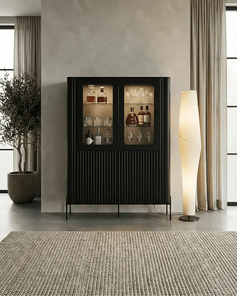 Vetrina Volta - Set Rota - Mobile alto vetrato per soggiorno, moderno - 2 ante vetrate - L. 110 cm x H. 160 cm x P. 40 cm - Nero