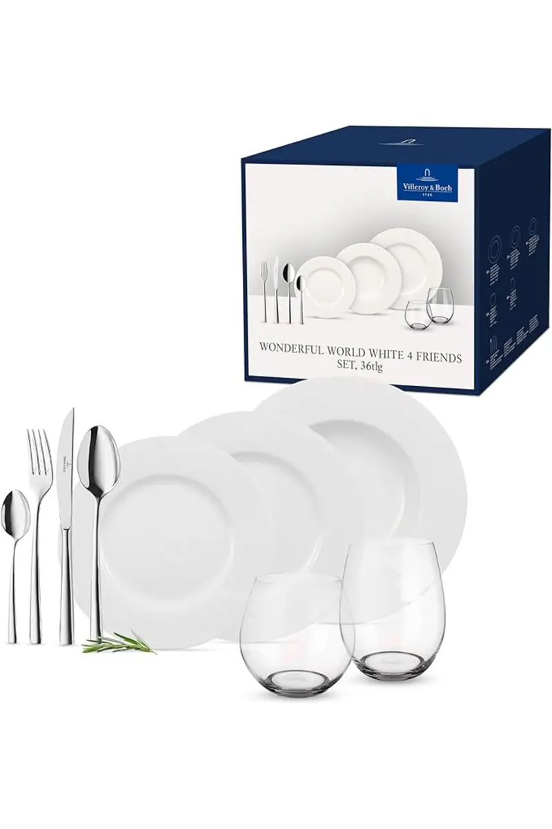 Villeroy & Boch Wonderful World White 4 Friends Set da Tavola per 4 Persone, Porcellana 36 Pezzi