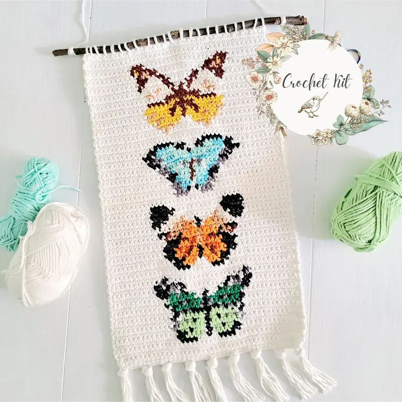 Vintage Butterflies Tapestry Wall Hanging Crochet Kit - Complete Crochet DIY Set with supplies