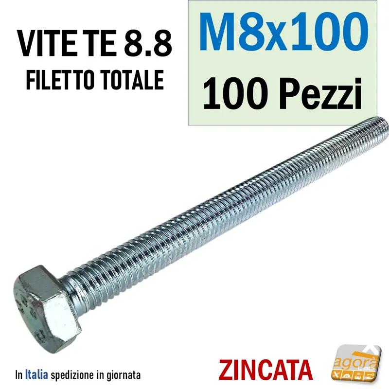 VITE TE M8x100 ZINCATO VITI TESTA ESAGONALE FILETTO METRICO BULLONE 100pz