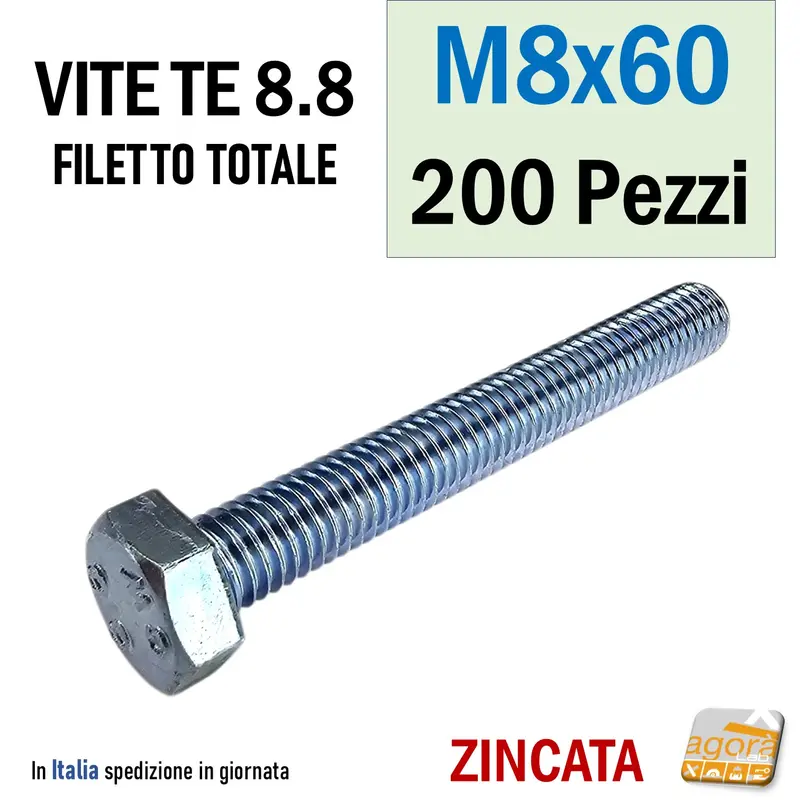 VITE TE M8x60 ZINCATO VITI TESTA ESAGONALE FILETTO METRICO BULLONE 200pz