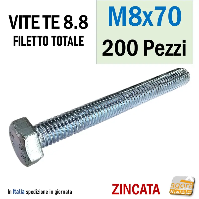 VITE TE M8x70 ZINCATO VITI TESTA ESAGONALE FILETTO METRICO BULLONE 200pz