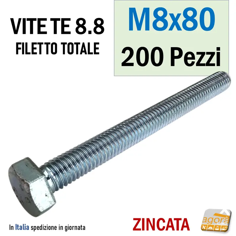VITE TE M8x80 ZINCATO VITI TESTA ESAGONALE FILETTO METRICO BULLONE 200pz