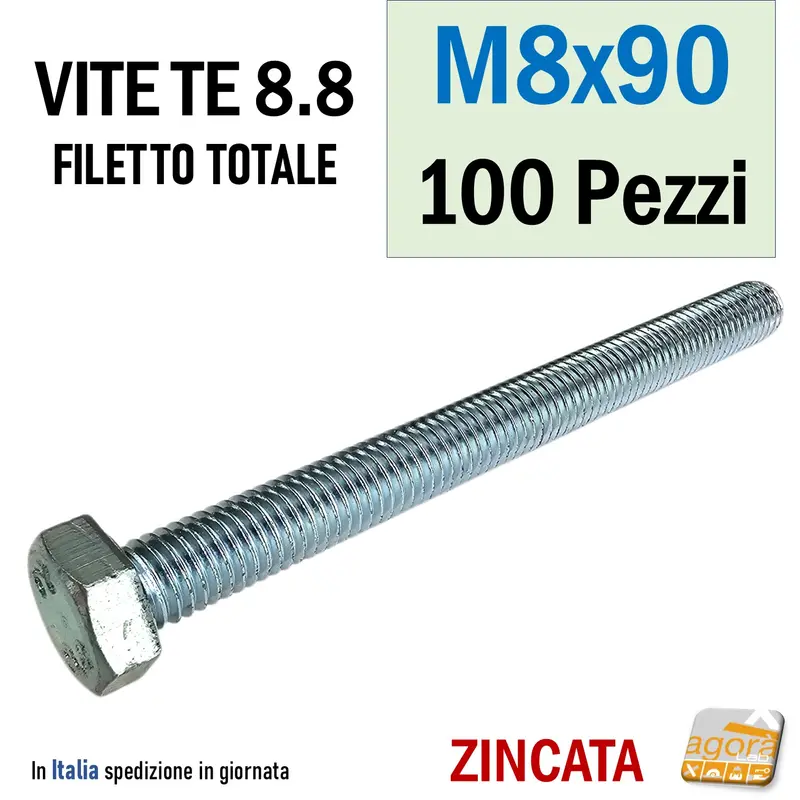 VITE TE M8x90 ZINCATO VITI TESTA ESAGONALE FILETTO METRICO BULLONE 100pz