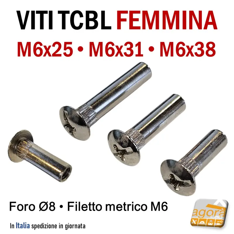 VITI TCBL FEMMINA M 6 x25-38mm NICHEL TESTA LARGA BOMBATA GIUNZIONE FORO D8 CANOTTO VITE FILETTO M6 pz 10-100