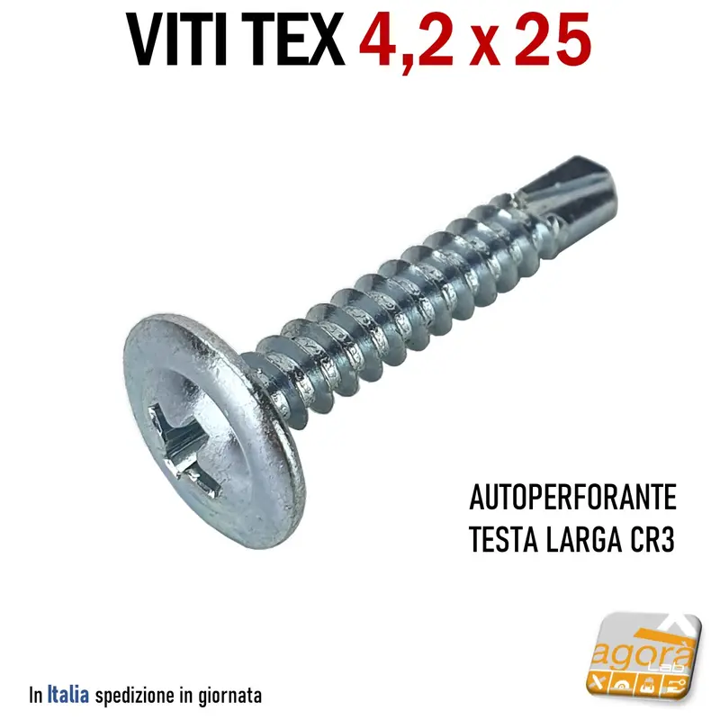 VITI VITE TEX 4,2x25 AUTOPERFORANTE TESTA LARGA PER CARTONGESSO ZINCATA BIANCA PH 100-500pz