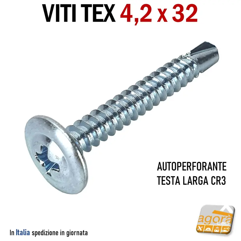VITI VITE TEX 4,2x32 AUTOPERFORANTE TESTA LARGA PER CARTONGESSO ZINCATA BIANCA PH 100-500pz