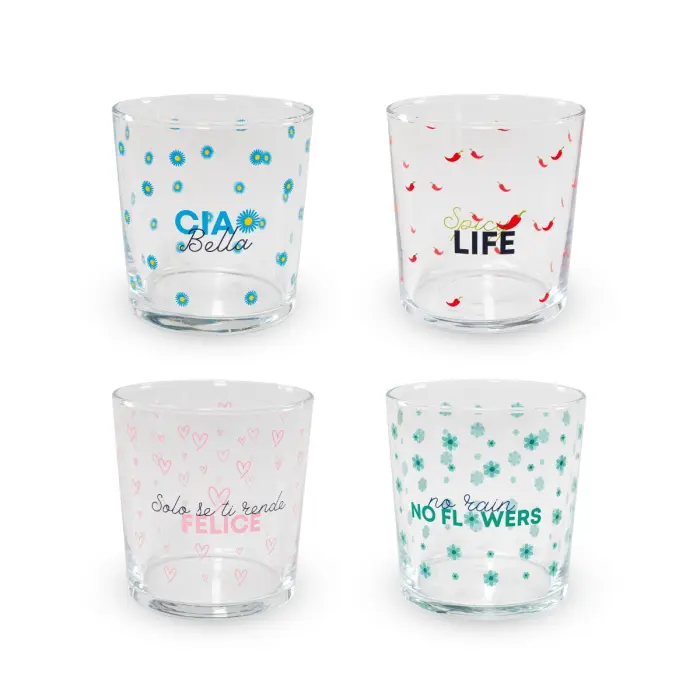 WD LIFE STYLE -BREST LINE SET 4 BICCHIERI IN VETRO CON SCRITTE COLORATE