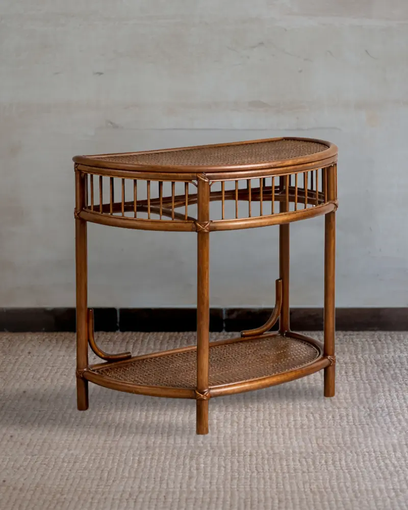 Wooden Demilune Console with Reed-Covered Shelves