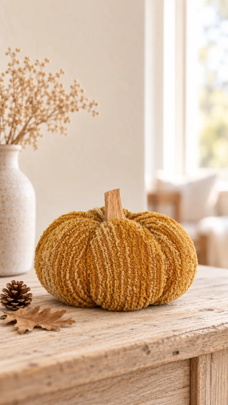 Zucca giallo-arancio in tessuto bucle 15x12 cm con picciolo in legno