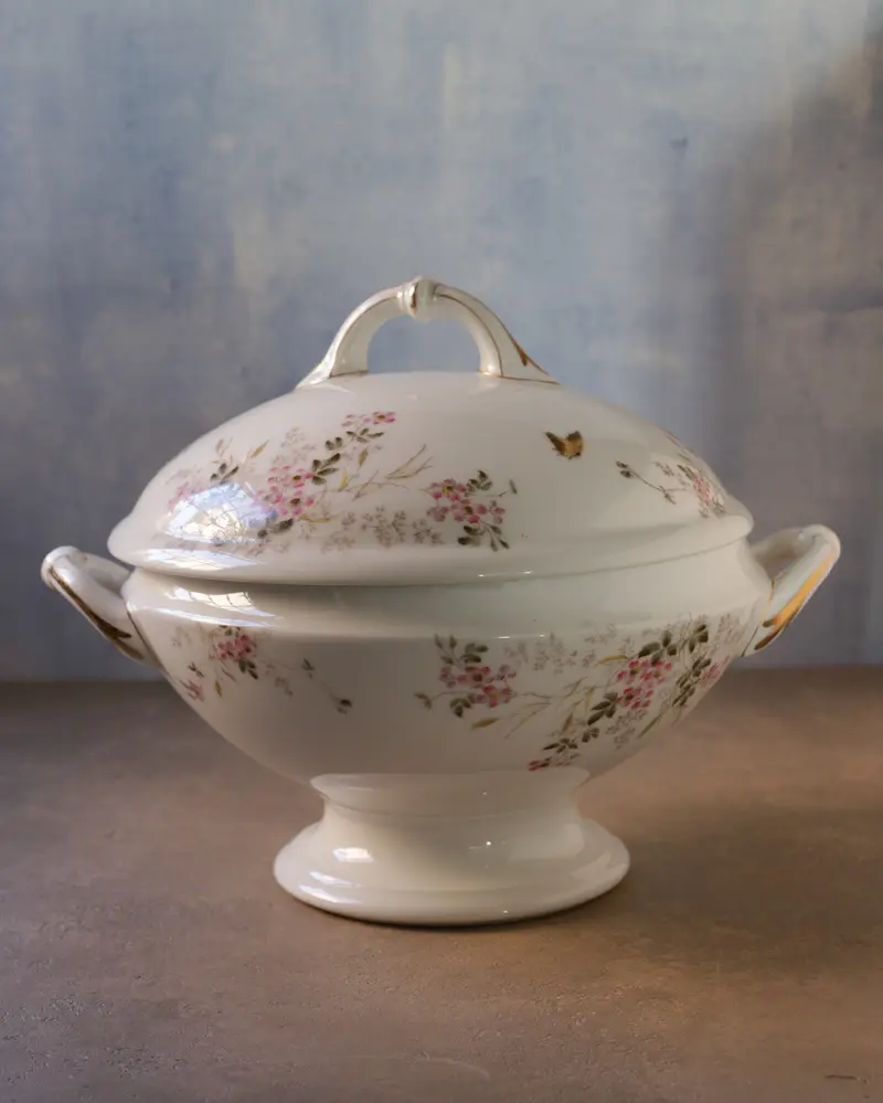 Zuppiera in porcellana bianca limoges con fiori primaverili